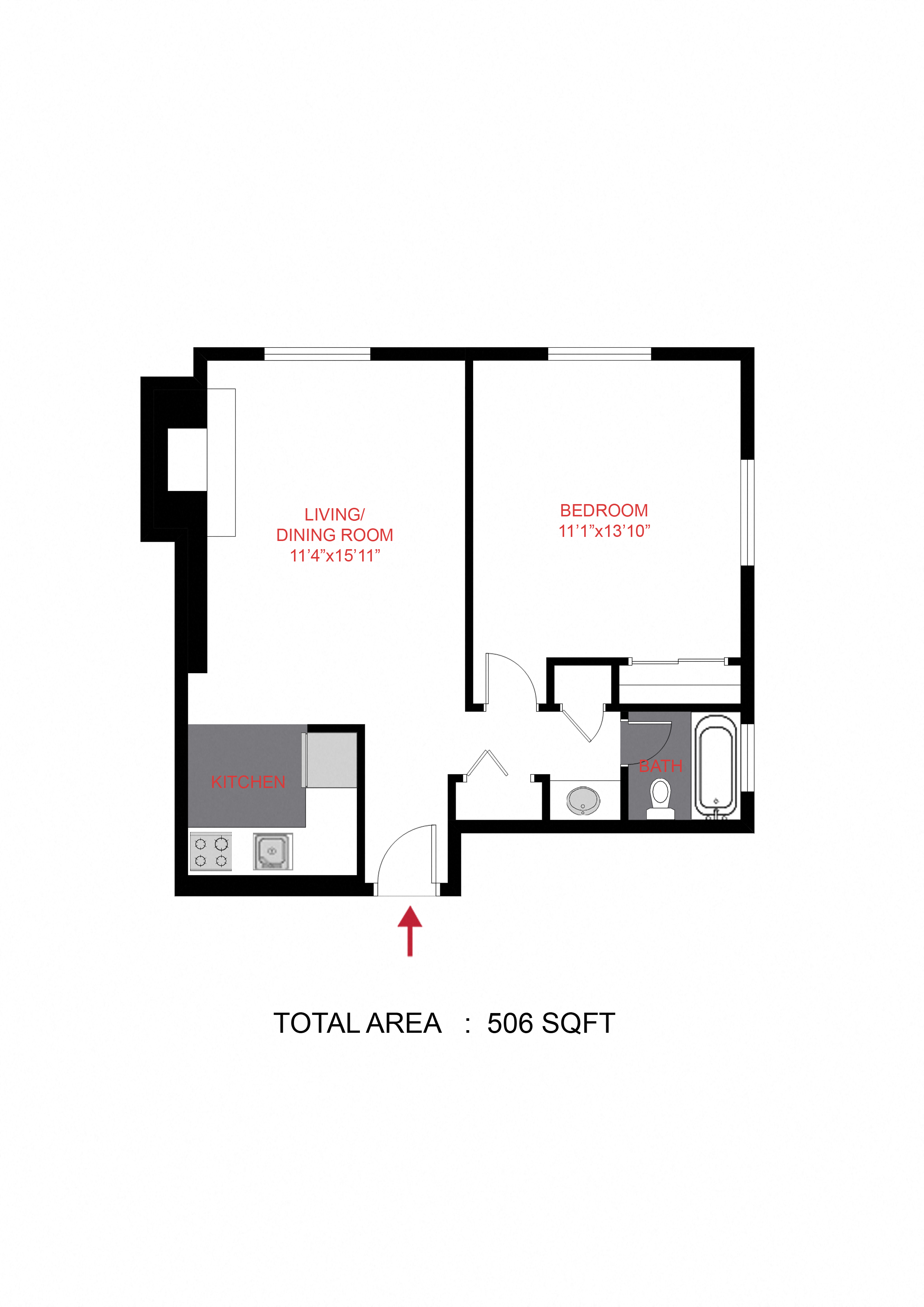 Floor plan for 1 bed, 1 bath, 506 sqft
